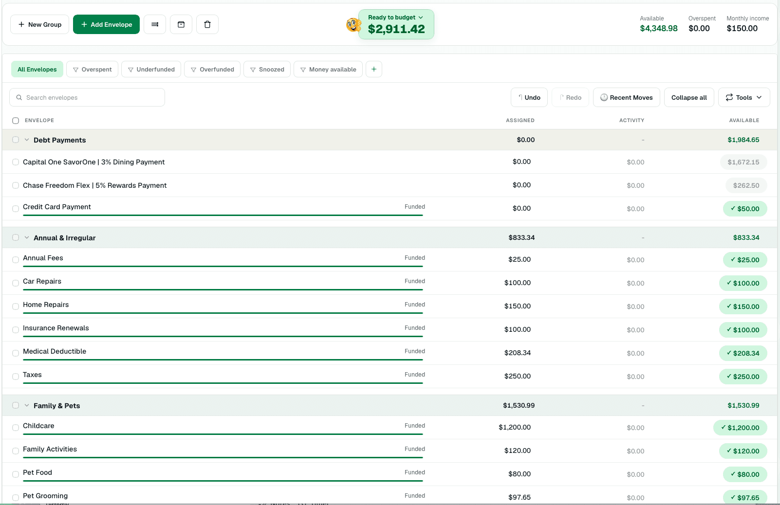 Minimalism budget with compact rows and progress beneath each envelope name.